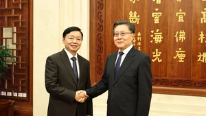 越南政府副总理陈红河与中国全国人大常委会副委员长王东明握手。