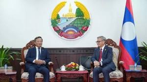 老挝外交部长通沙万·丰威汉会见越南驻老挝大使阮明心。（图片来源：越通社）