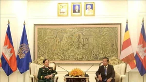 阮新疆大将礼节性拜会柬埔寨人民党主席、参议院主席洪森。（图片来源：越通社）
