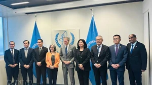 国际原子能机构（IAEA）总干事拉斐尔·格罗西（Rafael Grossi）和东盟各国驻奥地利维也纳大使及代表团团长合影。