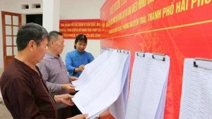 海防市阮廌坊居民查看选民名单。