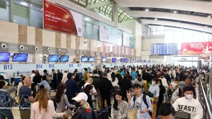 2月13日旅客在机场排队现场。（图片来源：越通社）