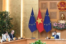 范明正总理会见20位欧盟及欧盟成员国驻河内大使及临时代办。（陈海 摄）