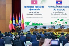 越南政府总理范明正与老挝政府总理宋赛·西潘敦共同主持越老投资促进会。（图片来源：政府网）