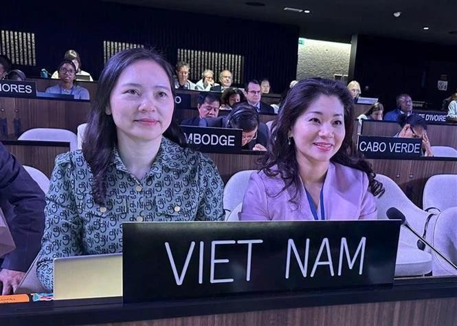 越南常驻教科文组织代表团团长阮氏云英大使与文化体育与旅游部国际合作司司长、越南《2005年公约》国家协调机构代表阮芳和博士出席会议。（图片来源：越通社）