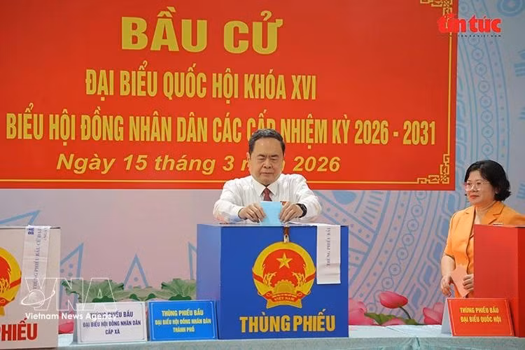 越南国会主席、国家选举委员会主席陈青敏在胡志明市旭门乡第14号投票站行使公民权利。