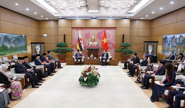 越南国会主席陈青敏会见文莱苏丹哈桑纳尔场景。