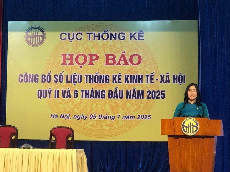 越南统计总局局长阮氏香在新闻发布会上发言。