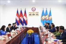 越共中央宣教与民运部与柬埔寨人民党中央民运部之间工作会谈场景。（图片来源：越通社）