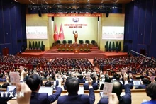 各位代表表决通过越共十四大决议。