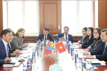 越南最高人民法院代表团与蒙古国最高法院举行工作会谈。（图片来源：越通社）