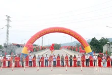 各位代表为宣光省山阳乡绕镇公路及大桥建设项目剪彩落成。