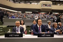 越南国会对外委员会副主任阮孟进先生与越南常驻联合国日内瓦办事处和瑞士其他国际组织代表团团长梅潘勇大使，以及越南代表团其他成员出席第149届各国议会联盟大会。（图片来源：越通社）