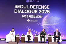 越南国防部副部长黄春战上将参加一场讨论会。（图片来源：越通社）