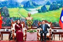 越南国家副主席武氏映春礼节性拜会老挝人民革命党中央总书记、国家主席通伦·西苏里。