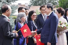 越南国会主席陈青敏和夫人会见越南常驻代表机构和大使馆工作人员以及旅瑞越南人社群代表。（图片来源：越通社）