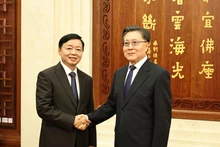 越南政府副总理陈红河与中国全国人大常委会副委员长王东明握手。