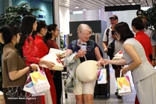 向菲律宾马尼拉和印度尼西亚巴厘岛直飞岘港市的两架航班上国际游客赠送礼物。