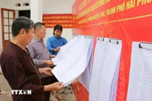 海防市阮廌坊居民查看选民名单。