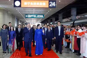 越共中央总书记总书记、国家主席苏林欢送仪式在南宁东站举行。（图片来源：越通社）