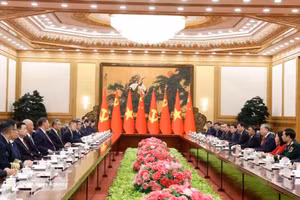 越共中央总书记、国家主席苏林同中共中央总书记、国家主席习近平举行会谈。（图片来源：越通社）