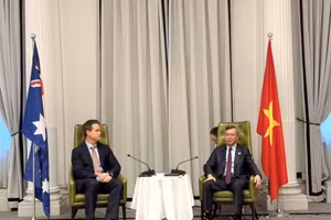  越南财政部部长吴文俊与RMIT副校长兼校长亚历克·卡梅伦举行工作会谈。（图片来源：越通社）