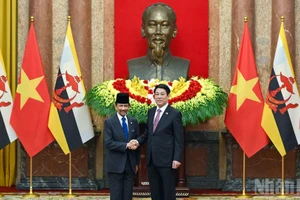 越南国家主席梁强（右）与文莱达鲁萨兰国苏丹哈吉·哈桑纳尔·博尔基亚。