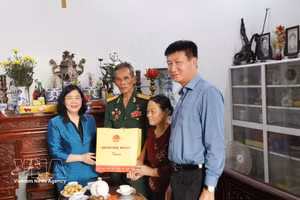 越共中央政治局委员、中央书记处书记、祖国阵线中央委员会主席裴氏明怀看望慰问越南英雄母亲陈氏策。