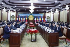 越共中央总书记苏林与老挝人革党中央总书记、国家主席通伦举行会谈。（图片来源：越通社）