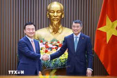 越南政府总理黎明兴和三星电子联席首席执行官卢泰文。（图片来源：越通社）