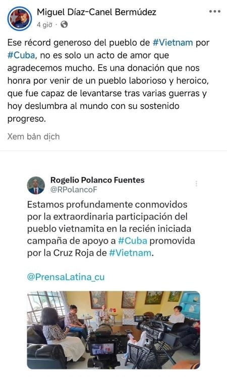 古巴共产党中央委员会第一书记、古巴共和国总统米格尔·迪亚斯-卡内尔在X社交网上分享了由越南红十字会中央委员会发起的“越南—古巴情谊65周年”运动的信息。 古巴共产党中央委员会第一书记、古巴共和国总统米格尔·迪亚斯-卡内尔在X社交网上分享了由越南红十字会中央委员会发起的“越南—古巴情谊65周年”运动的信息。