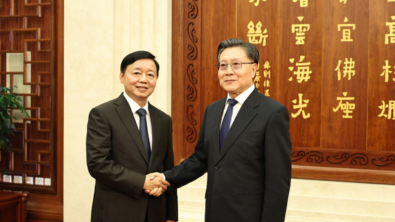 越南政府副总理陈红河与中国全国人大常委会副委员长王东明握手。
