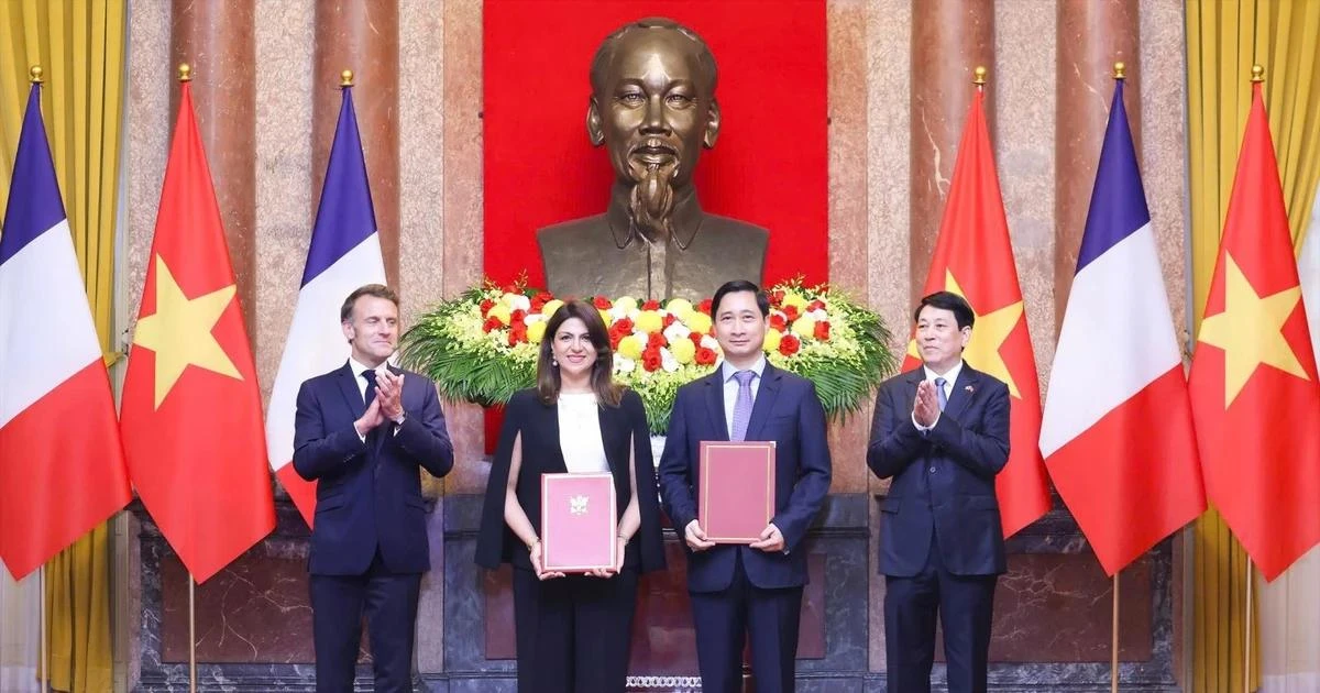 5月26日，越南国家主席梁强与法国总统埃马纽埃尔·马克龙共同见证双方合作文件的交换。（图片来源：VNVC）