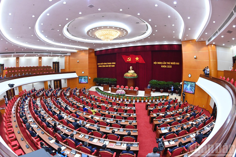 越共十三届十二中全会现场。