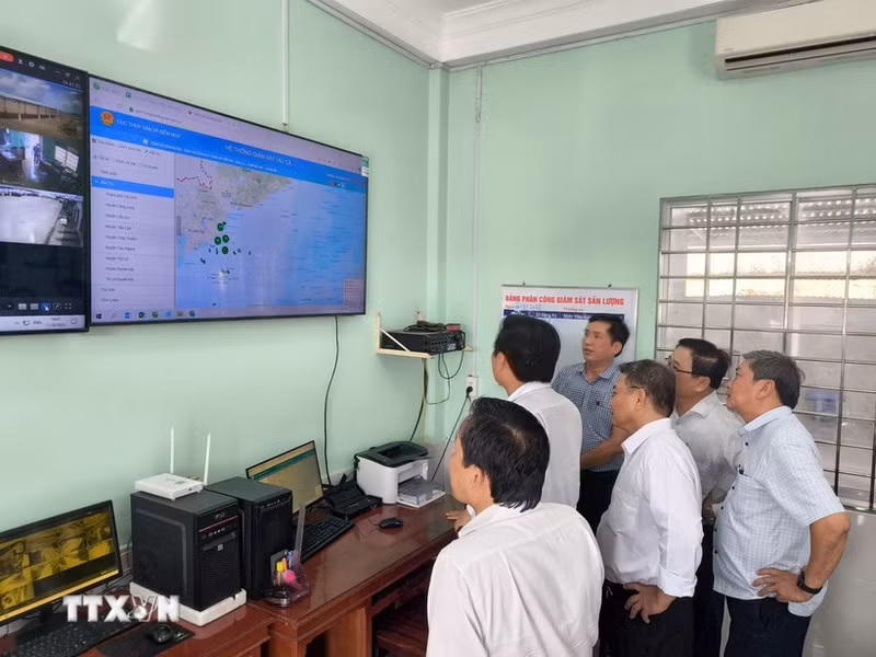 永隆省人民委员会及各部门领导在平大渔港视察渔船监控系统。（图片来源：越通社）