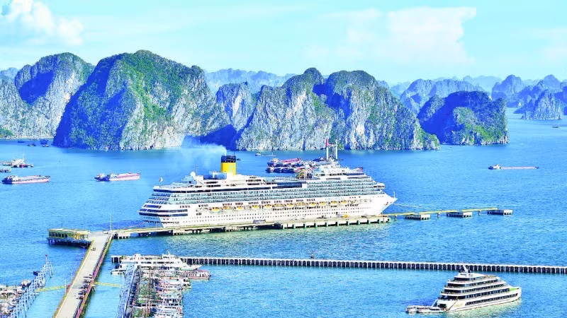 载有3000多名乘客的五星级歌诗达宁静号邮轮停靠下龙国际港。（阮登 摄）