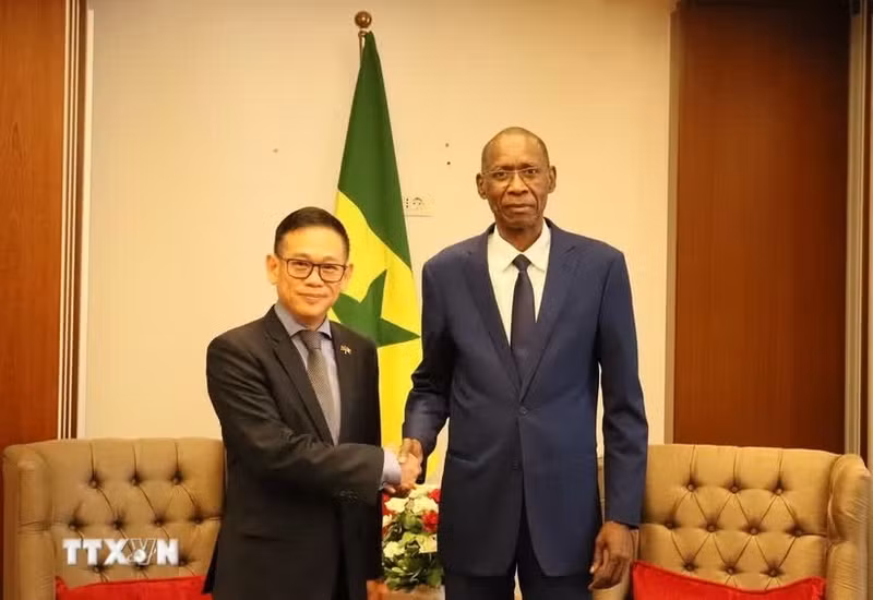 塞内加尔非洲一体化、外交和海外侨民事务部部长谢赫·尼昂与越南驻阿尔及利亚大使兼驻塞内加尔大使陈国庆亲切握手。（图片来源：越通社）