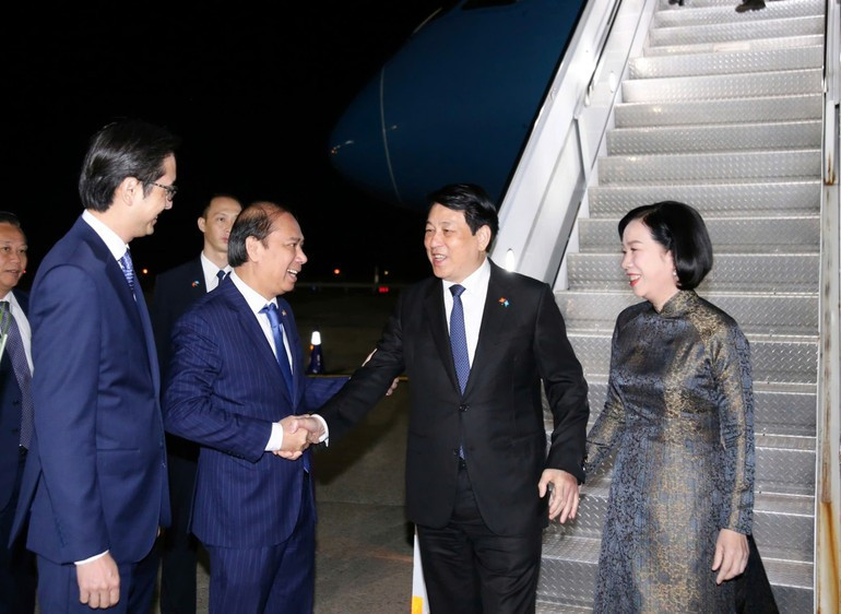 越南驻美国大使阮国勇和越南常驻联合国代表团团长杜雄越大使来到机场迎接国家主席梁强和夫人。