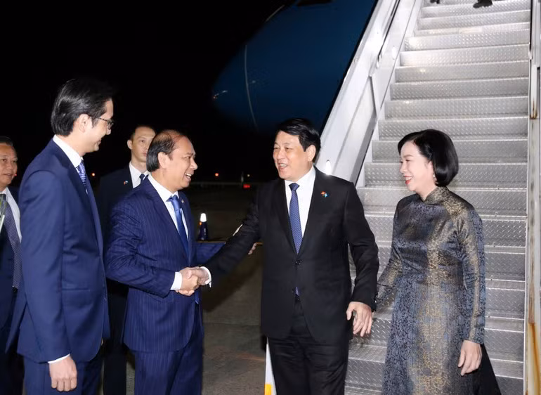 越南驻美国大使阮国勇和越南常驻联合国代表团团长杜雄越大使来到机场迎接国家主席梁强和夫人。