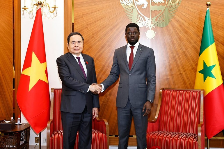 国会主席陈青敏和塞内加尔总统巴西鲁·迪奥马耶·法耶。（图片来源：越通社）