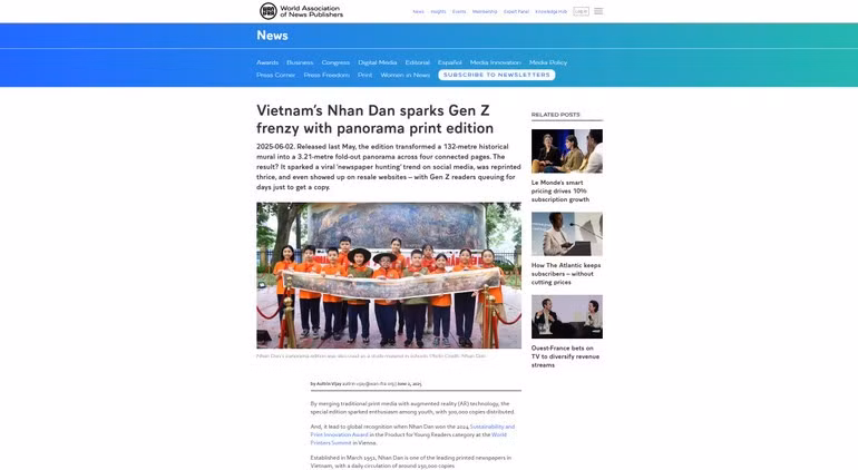 世界报业和新闻出版协会报道《人民报》副刊。