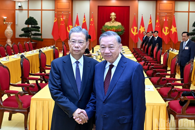 越共中央总书记苏林会见中国全国人大常委会委员长赵乐际。