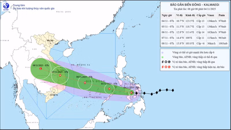 台风“海鸥”于11月4日14时的中心坐标。（图片来源：越南国家气象水文预报中心）