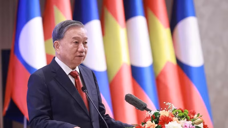 越共中央总书记苏林在宴会上发表讲话。（图片来源：越通社）