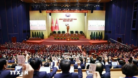 各位代表表决通过越共十四大决议。