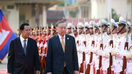 两位领导检阅仪仗队。（图片来源：越通社）