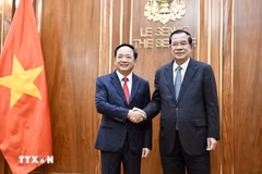 越共中央政治局委员、中央书记处书记、中央宣教与民运部部长郑文决会见柬埔寨代理国家元首、参议院主席、柬埔寨人民党主席洪森。（图片来源：越通社）