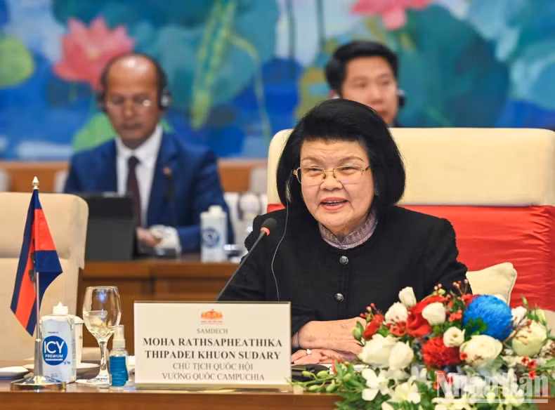 柬埔寨国会主席昆索达莉在会谈中发表讲话。