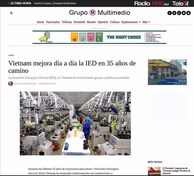 乌拉圭媒体集团Grupo Multimedio在纸质报纸和新闻网上发表赞扬越南共产党的系列文章三篇。