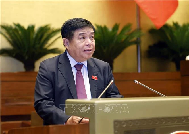 越南计划与投资部部长阮志勇在会上陈述关于义安省发展的特殊机制和政策补充（试行）的决议草案的呈文。（图片来源：越通社）